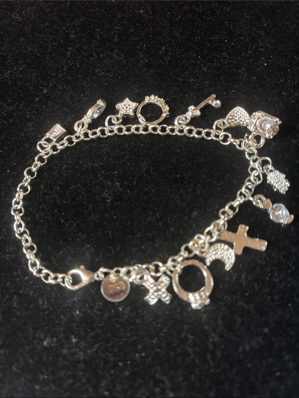 925 stamped SS Charm Bracelet with small Cross and Moon Charms